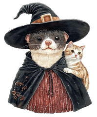 Ferret Witch with Cat Companion. Halloween.