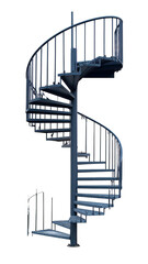 A dark blue spiral staircase isolated against a stark black background, leading upwards