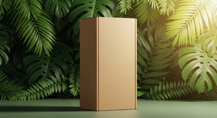 Elegant product packaging mockup against vibrant tropical foliage backdrop
