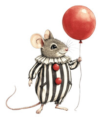 Cute clown mouse with a red balloon in costume
