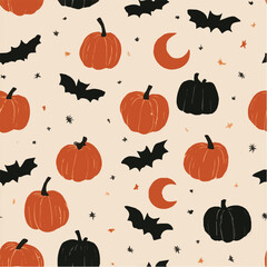 Halloween seamless pattern, minimal vector by pumpkins bats