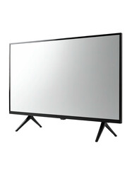 Modern, slim, black-framed television on minimalist legs, screen facing right at an angle