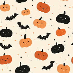 Halloween seamless pattern, minimal vector by pumpkins bats