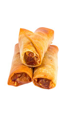 Golden fried rolls stacked, cut ends revealing savory filling against a transparent background
