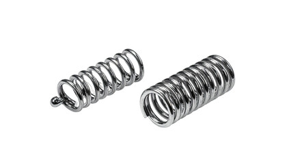 Two shiny, metallic helical springs against a black background, one with a hook
