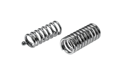 Two shiny, metallic helical springs against a black background, one with a hook