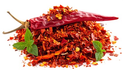 Pile of red chili flakes with whole chili pepper
