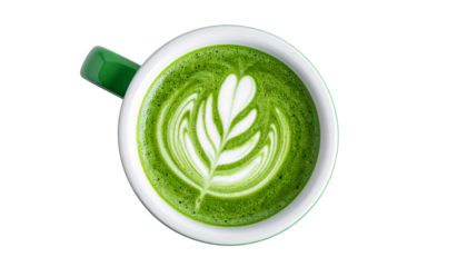 A Cup of Matcha Latte Art, Isolated on Transparent Background, Top View