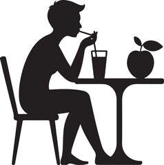 Silhouette of a person sitting at a table drinking from a glass with a straw and an apple on the table