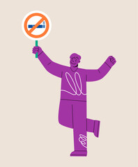 Man holding no smoking sign in hands. Healthy lifestyle concept. Colorful vector illustration