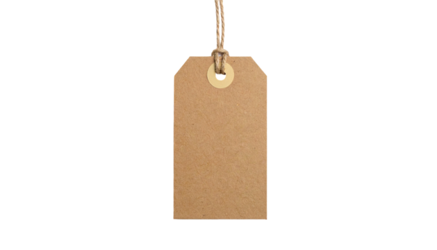 A hanging rectangular paper tag with a string, on a black background