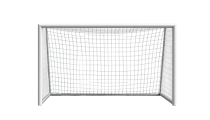 A frontal view of a clean, white soccer goal on a black background