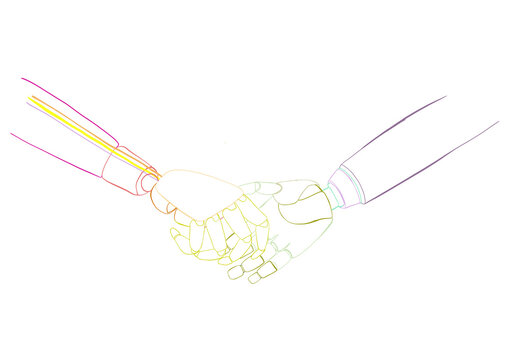 Robot and human hand shaking in minimalist line art illustration