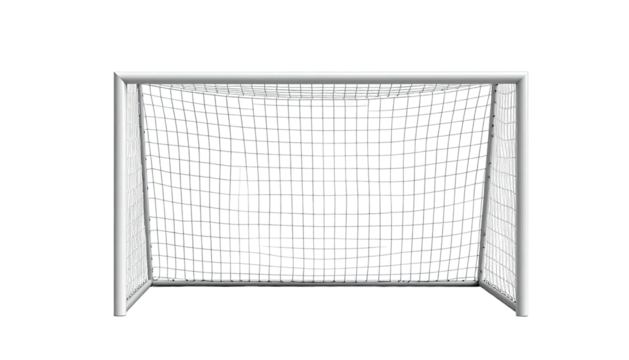 A frontal view of a clean, white soccer goal on a black background