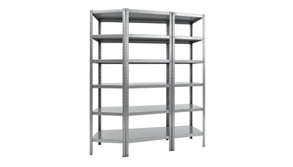 A tall, metallic shelving unit with multiple tiers, set against a dark background