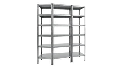 A tall, metallic shelving unit with multiple tiers, set against a dark background
