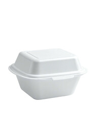 A closed, square, white container for food, likely takeaway, against a black background