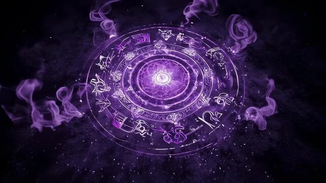 A vibrant purple design featuring a detailed circular glyph surrounded by smoke on a dark textured background