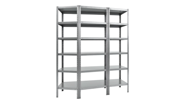 A tall, metallic shelving unit with multiple tiers, set against a dark background
