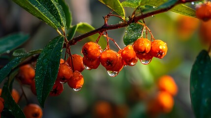 Vivid image showcases a view of vibrant orange berries glistening with water droplets, hanging from a slender branch with lush green leaves, creating a serene and natural composition with soft,...