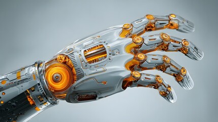 Metallic robotic hand with intricate mechanical details, featuring glossy silver surfaces and glowing orange internal components.