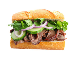 A close-up of a filled baguette. Includes meats, vegetables, and herbs
