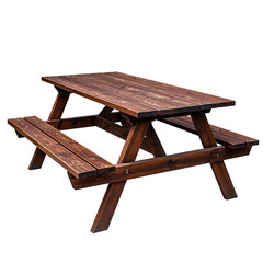 Rustic wooden picnic table, with benches attached, against a black background
