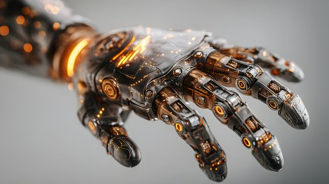 Detailed view of a mechanical hand, crafted from metal and illuminated with vibrant orange and yellow lights. The futuristic robotic appendage is designed with intricate internal workings.