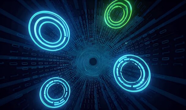 Abstract Binary Code Tunnel with Rotating Rings Animation