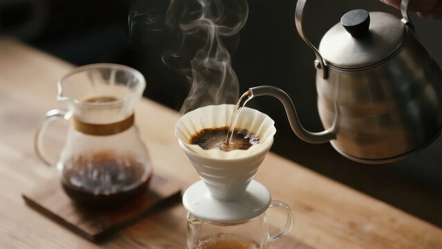 Pouring hot water for making fresh coffee using pour over method - Powered by Adobe
