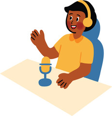 Someone is speaking on a podcast show. A person is recording a podcast at a table with headphones and a microphone