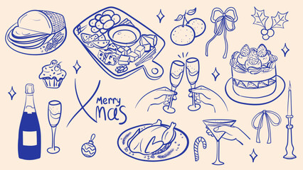 Vintage Merry Christmas elements collection. Christmas dinner table with food and champagne. Doodle ink sketch minimalist style. Hand drawn retro style vector illustration.	