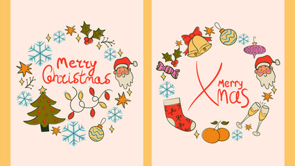 Doodle vintage Merry Christmas greeting card with circle frame set. Ink sketch style poster. Retro vector illustration.