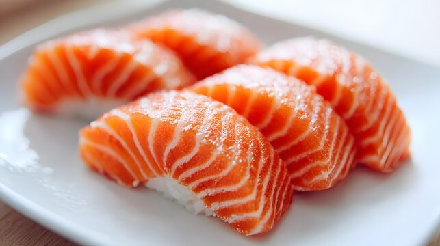 Sliced salmon sushi pieces are arranged in a composition on a white plate, showcasing the vibrant orange color of the fish against the white rice and plate, evoking a sense of freshness and culinary.