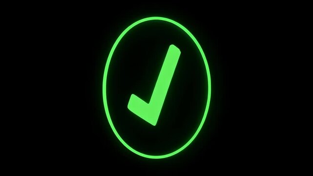 A glowing green checkmark inside a circle set against a stark black background, minimal design