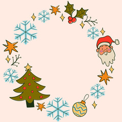 Christmas doodle colorful circle frame. Hand drawn Christmas tree, toys, snowflake, Santa decoration symbol. Vector illustration.