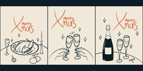 Merry Christmas greeting card set. Doodle drawing of hands holding wine glassesand served table ready for dinner. Wine or champagne cheers. Hand drawn retro style vector illustration.