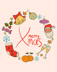 Doodle vintage Merry Christmas greeting card with circle frame. Ink sketch style poster. Retro vector illustration.
