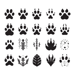 Fototapeta premium Assortment of Animal Paw Prints and Stylized Botanical Silhouettes in Black on White animal track