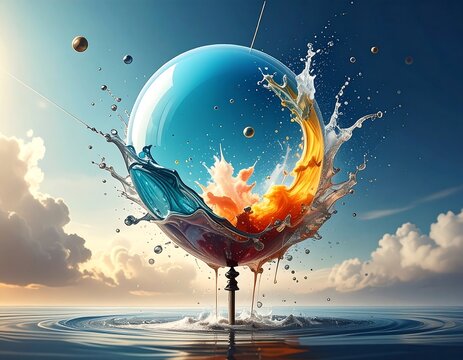 Colorful sphere erupting in vibrant splashes, set on a pedestal over water with clouds