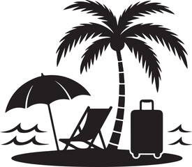 Obraz premium Tropical Beach Vacation Scene with Palm Tree Umbrella and Suitcase Silhouette travel holiday