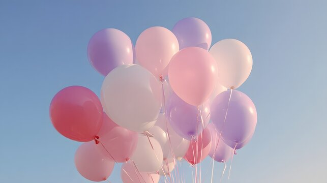 A collection of colorful balloons of various shades, including pink, purple, and white, floats against a clear, bright, pastel blue sky in a cheerful and celebratory outdoor setting, evoking feelings.