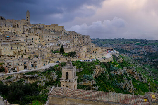 Historic Sassi district with San Pietro Caveoso church in Matera Italy
