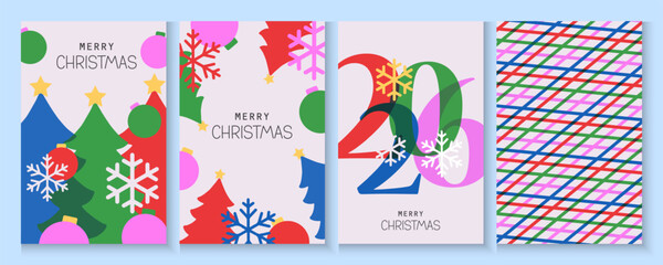 Merry Christmas and Happy New Year cards, posters, holiday covers. Set of greeting Xmas banner templates with typography in modern geometric style for web, social media, print.