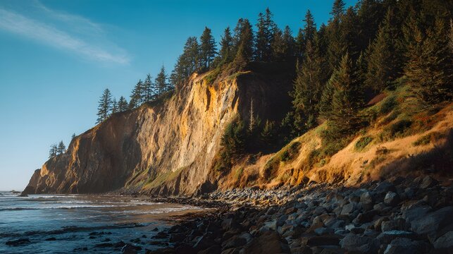 Majestic coastal cliffs are dramatically illuminated by warm sunlight, showcasing the rugged landscape with lush evergreen trees atop the formation, alongside a rocky shoreline and vast, open ocean...