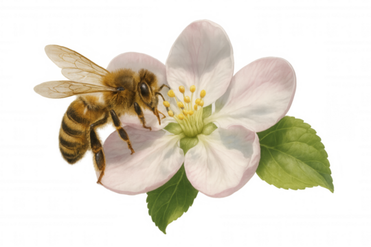 Bee pollinating apple blossom, collecting nectar, vintage style insect illustration, transparent background - Powered by Adobe
