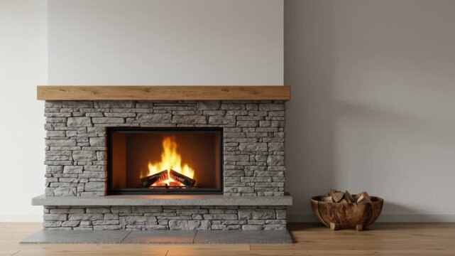 Fireplace with burning flames and stone facade interior design