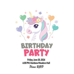 Colorful Unicorn Birthday Party Invitation for Kids with RSVP Details