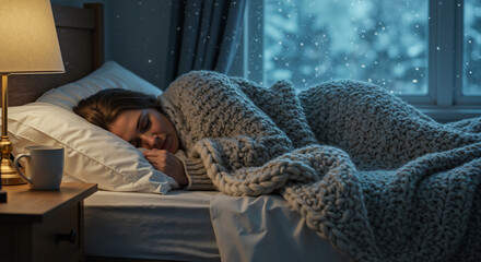 Woman sleeping peacefully under warm blanket by window in winter  