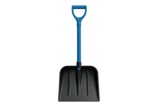Snow shovel with blue handle clearing winter snow